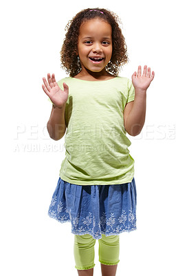 Buy stock photo Child, wave and portrait of girl with surprise, news and announcement in white background or studio. Wow, shocked and African kid with emoji reaction to winning giveaway or greeting in mockup space