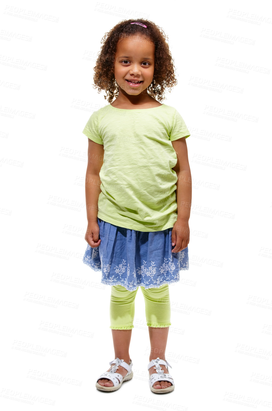 Buy stock photo Cute, proud child and portrait of young girl in a studio with happiness and kids fashion. White background, full body and smile of African kid with youth and style feeling confident from clothing