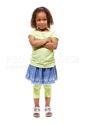 Buy stock photo Cute little african american girl standing against a white background with her arms folded