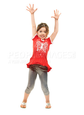 Buy stock photo Happy, excited and child portrait with casual and modern fashion with dancing in studio. Young girl, youth and kid with hands and trendy style with white background and smile with comedy and joke