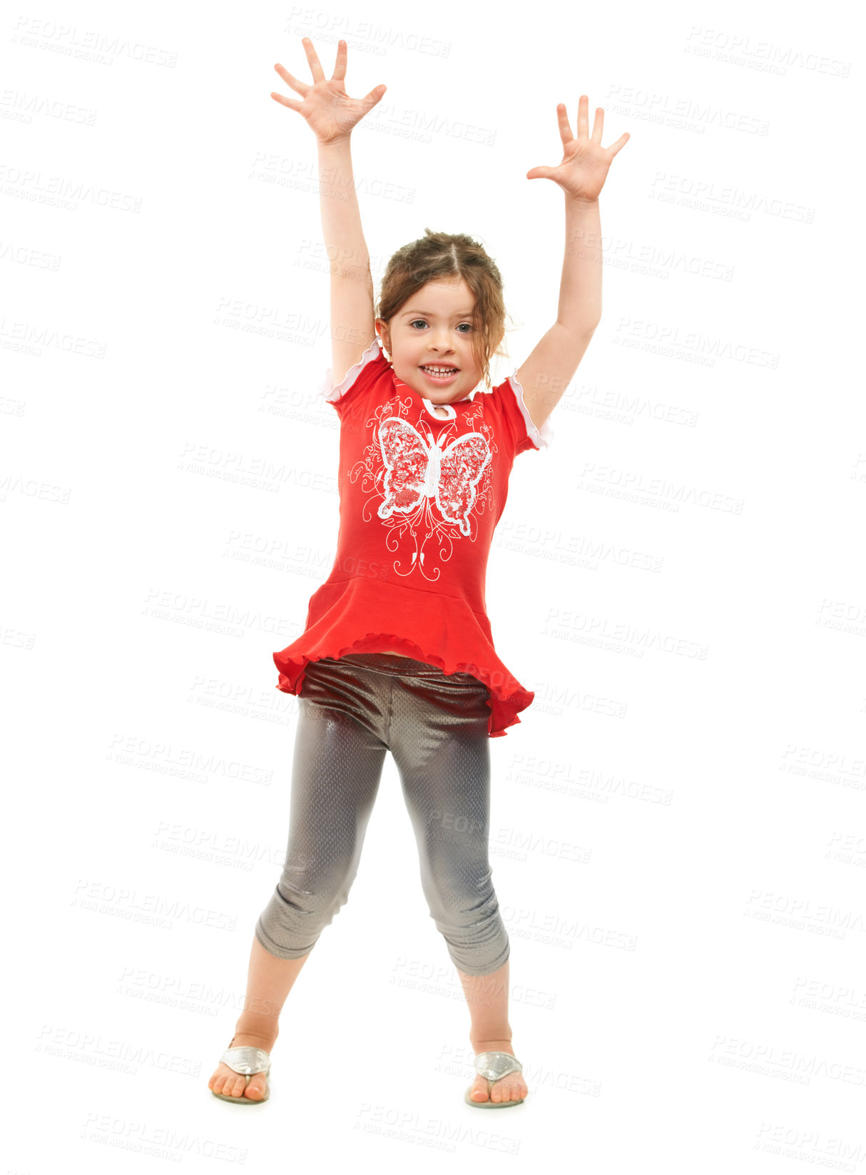 Buy stock photo Happy, excited and child portrait with casual and modern fashion with dancing in studio. Young girl, youth and kid with hands and trendy style with white background and smile with comedy and joke