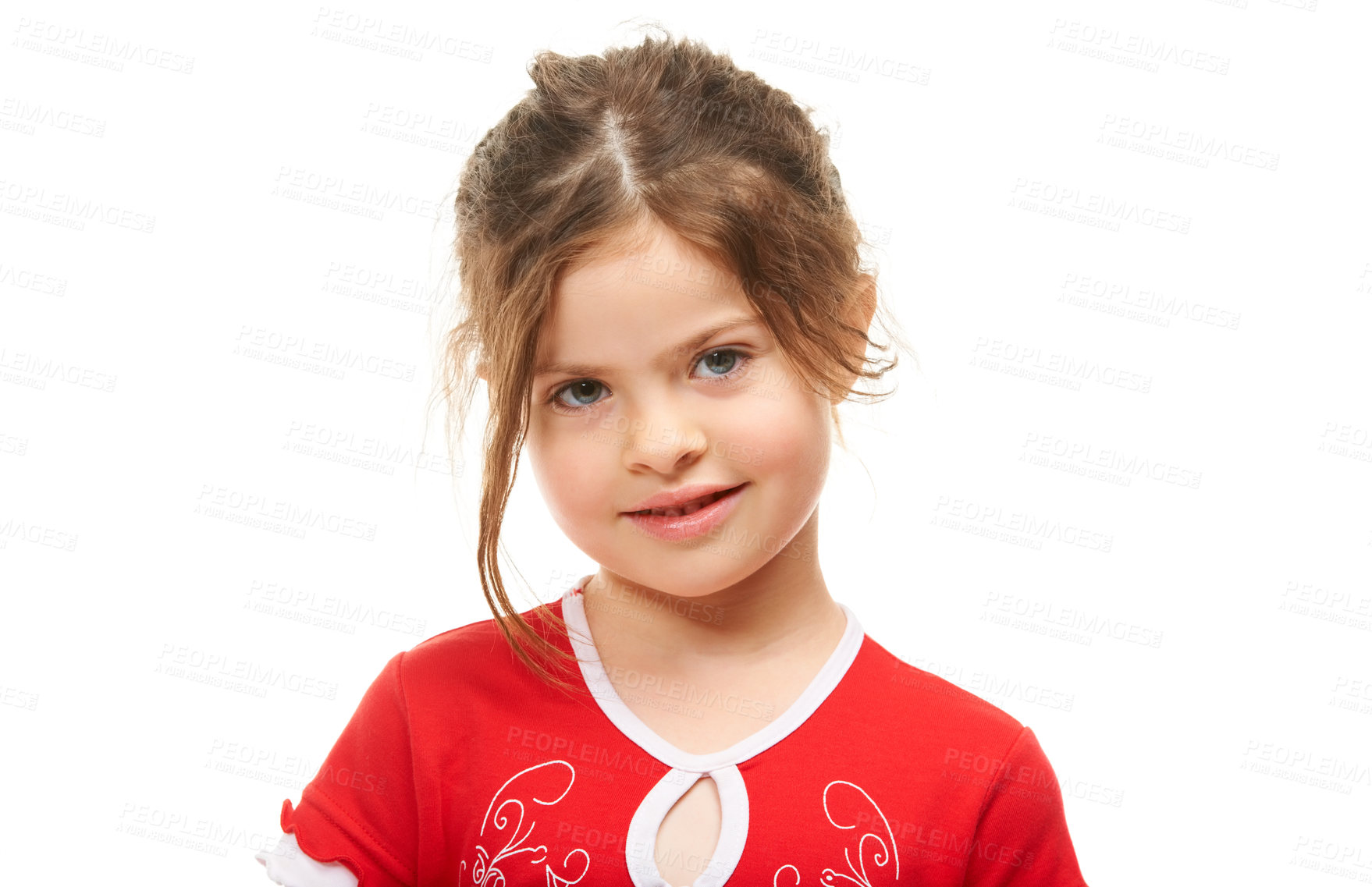 Buy stock photo Little girl looking shyly at you against a white background