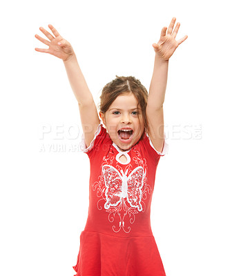 Buy stock photo Excited, girl and portrait of child with surprise, news and celebration in white background or studio. Wow, shocked and kid with emoji reaction to giveaway, winning or announcement in competition 