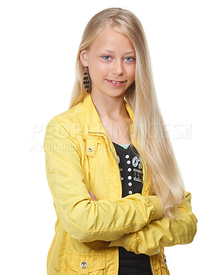 Buy stock photo Fashion, smile and portrait of a girl child in a studio with a trendy, cool and stylish teenager outfit. Beauty, happy and face of casual young kid model with blonde hair isolated by white background
