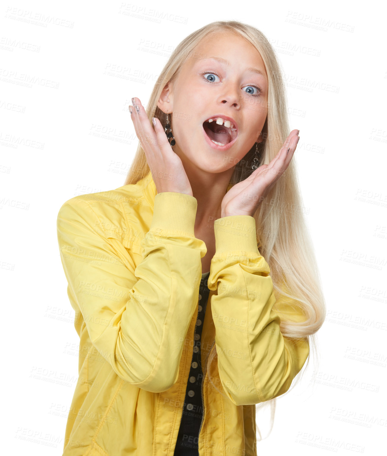 Buy stock photo Young girl, smile and surprised face portrait in studio for comic fun, excited news or playful mindset. Trendy kid, shocked facial expression and wow hands, crazy meme or funny teenager announcement