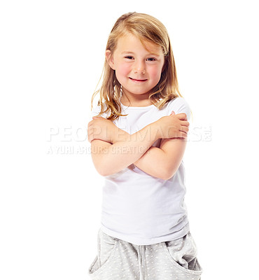 Buy stock photo Happy, child and portrait with casual and modern fashion with kid and clothing in studio. Hug, smile and youth with young girl and white background with self love and confidence style from New Jersey