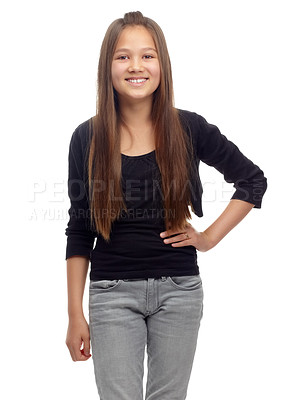 Buy stock photo Teenager, female and portrait fashion smile for confidence in studio, school student at white background. Young person, model or proud face for cool clothes or positive attitude, trendy or stylish