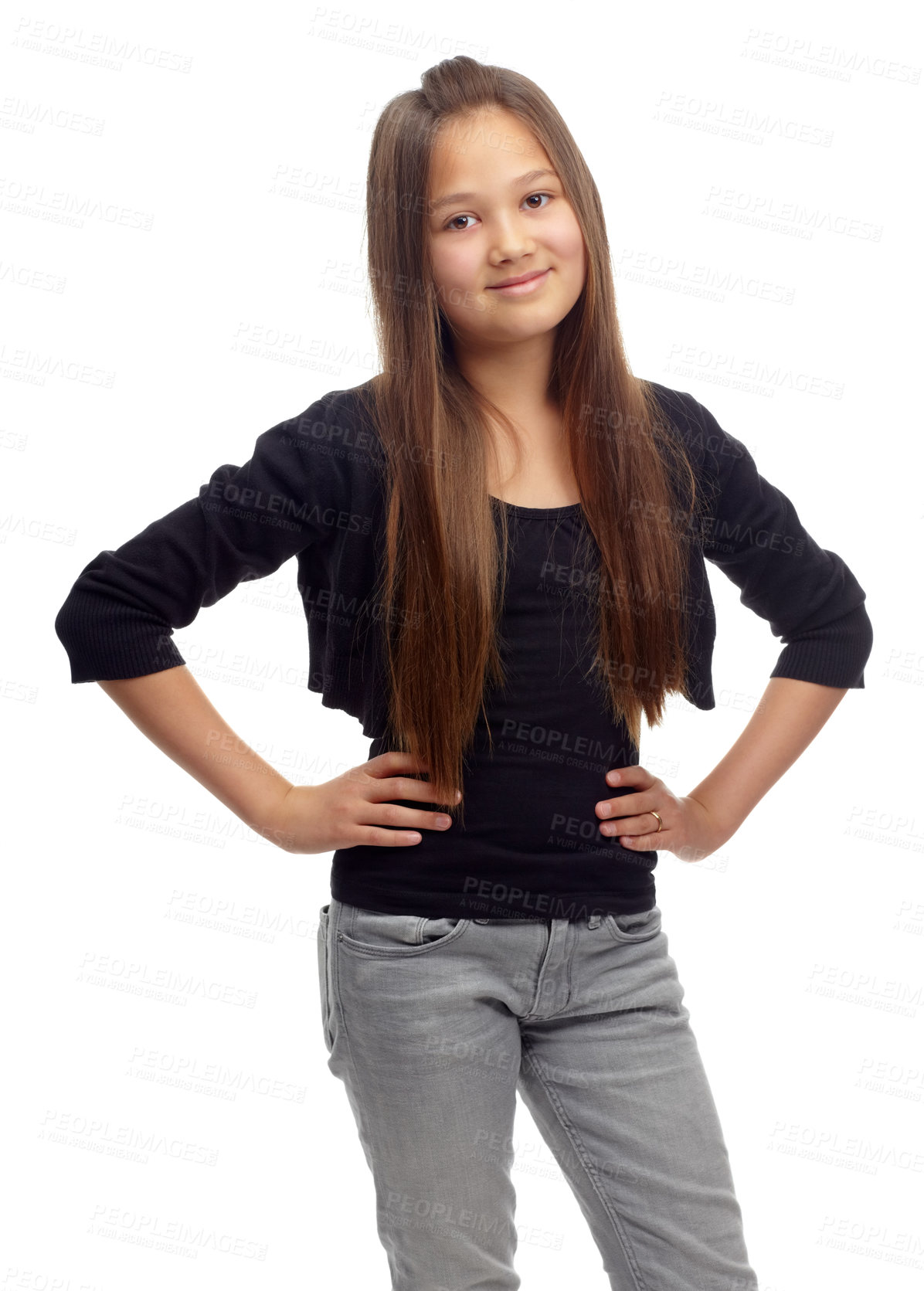 Buy stock photo Child, girl and portrait fashion smile for confidence in studio, school student at white background. Young person, teen model or proud face for cool clothes or positive attitude, trendy or stylish