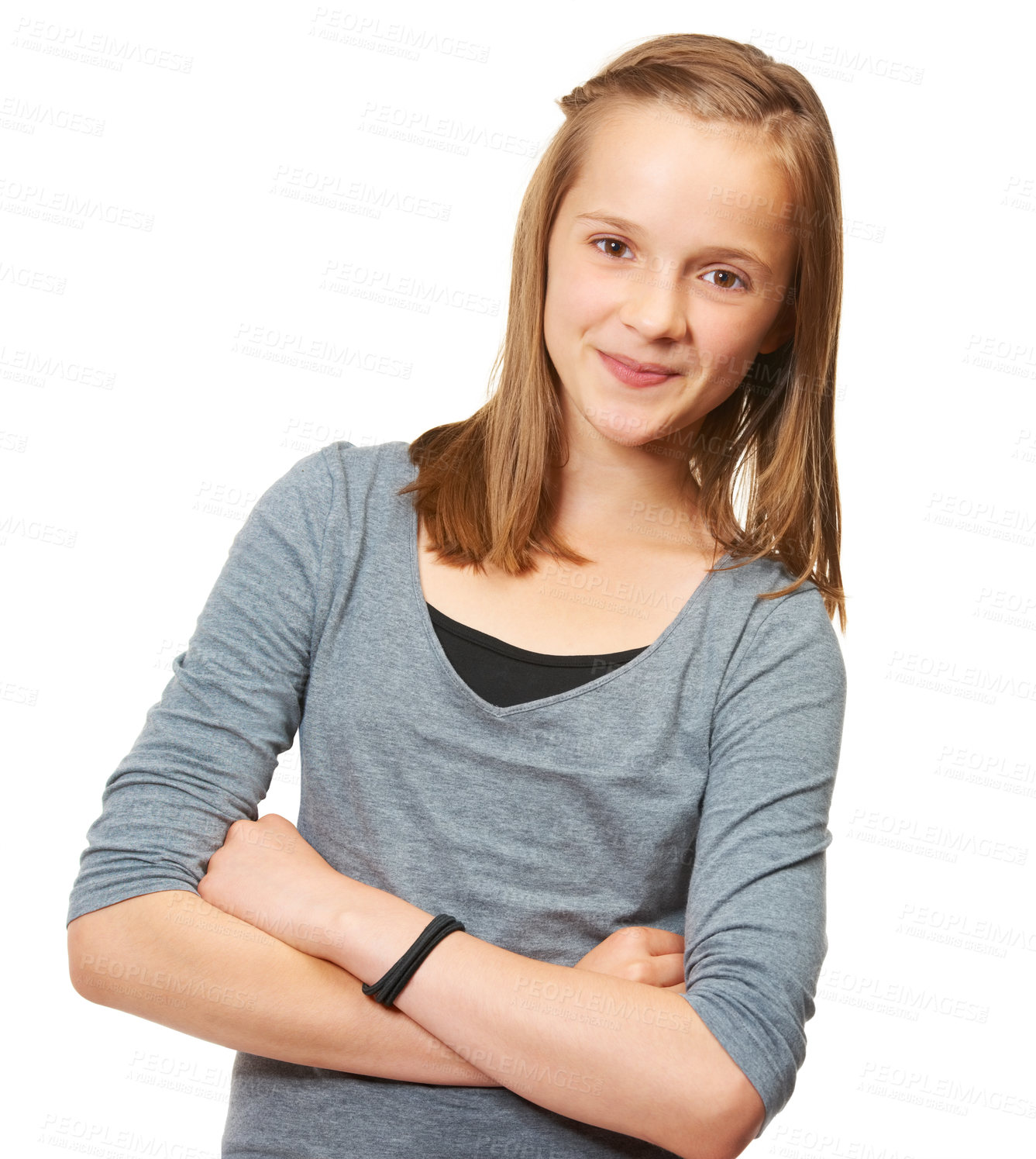 Buy stock photo Young teen, portrait and arms crossed in a studio with a smile and youth confidence. White background, female teenager and preteen person with casual fashion and style with happiness of model