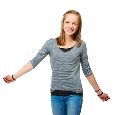 Buy stock photo Studio, portrait and a happy teenage girl for fashion or carefree or pose and standing against a white background. Style, face and young kid smile or child model confident in jeans and shirt 