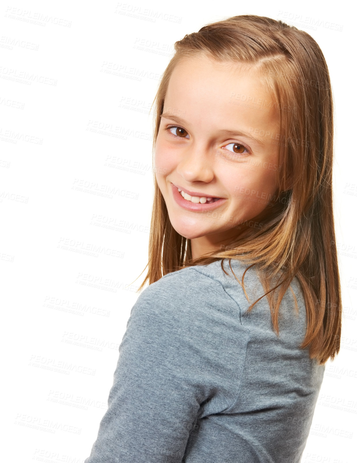 Buy stock photo Portrait, smile and beautiful or happy teenage girl for fashion or carefree and standing against a white background. Style, face and smile or child model or confident youth and isolated in studio 