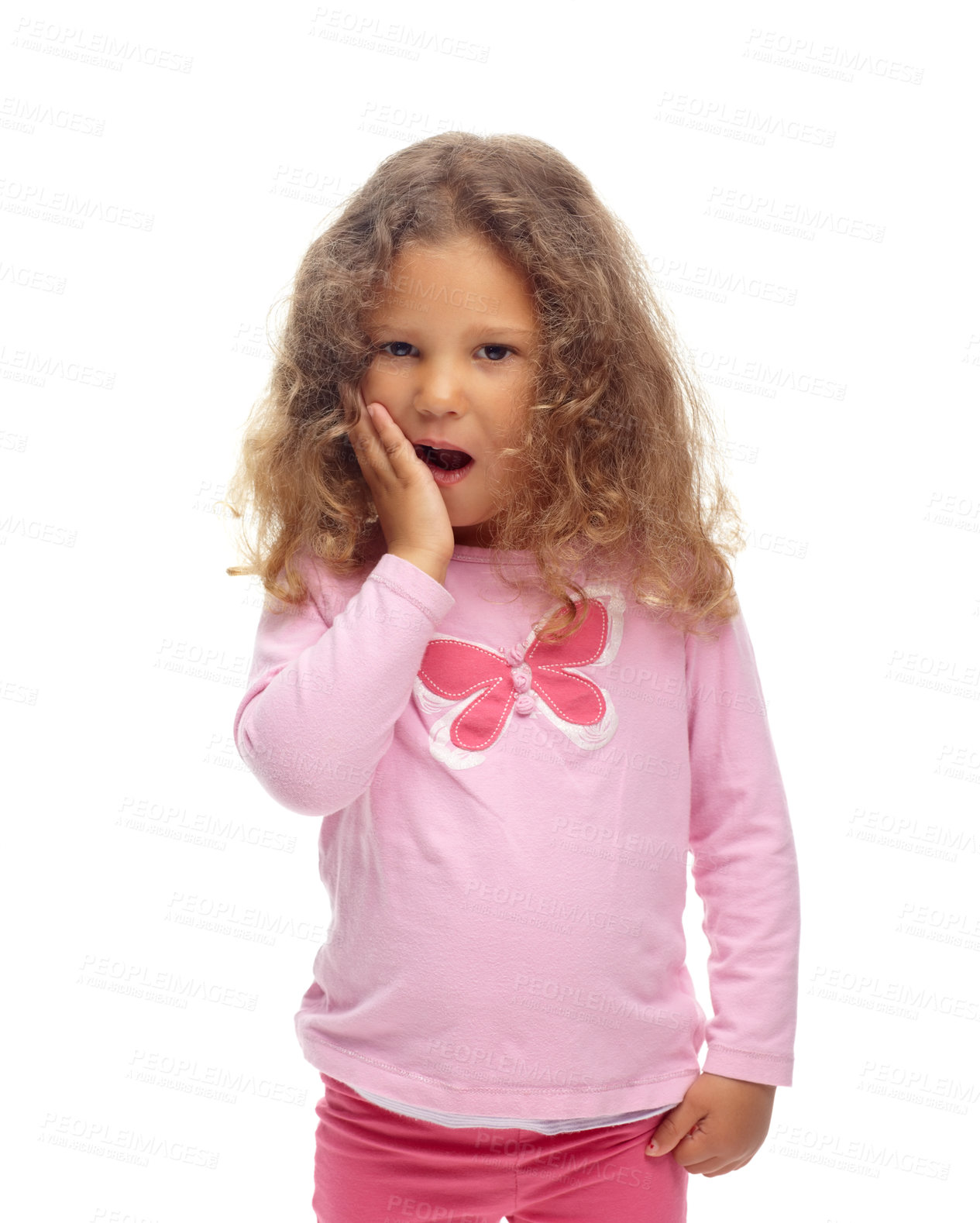 Buy stock photo Scared, child and portrait of girl with surprise, news and announcement in white background or studio. Wow, shocked and kid with emoji reaction to scary, fear or learning  crazy information in mockup