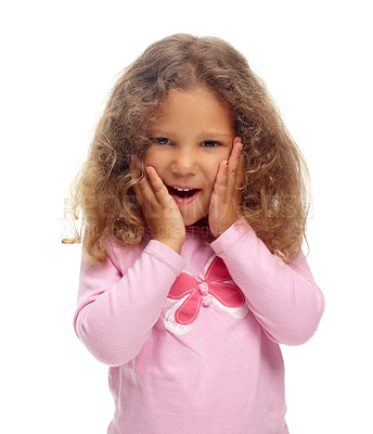 Buy stock photo Excited, child and portrait of girl with surprise, news and announcement in white background or studio. Wow, shocked and kid with emoji reaction to giveaway, winning or celebration of competition 