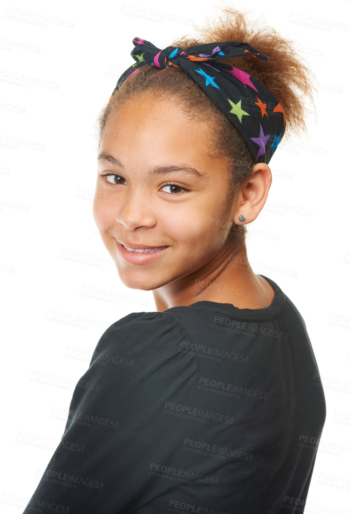 Buy stock photo Child, portrait and smiling with beauty, hair and face with headshot, model and bandana. Girl, happy and isolated on studio background for fashion, teenager and clothes, confident and pose alone
