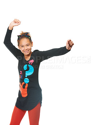 Buy stock photo Teenager, dancing and trendy clothes with portrait, happiness and isolated on white background. Pose, confident and adolescent for cool outfit, youth and mockup with face, girl and casual wear
