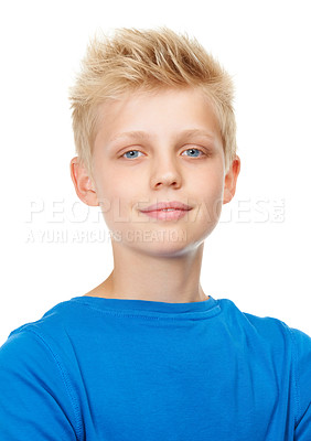 Buy stock photo Boy, child and portrait with smile in studio for fashion, casual style or confidence on white background. Person, kid and face of teenager with happiness, pride and calm expression with trendy outfit
