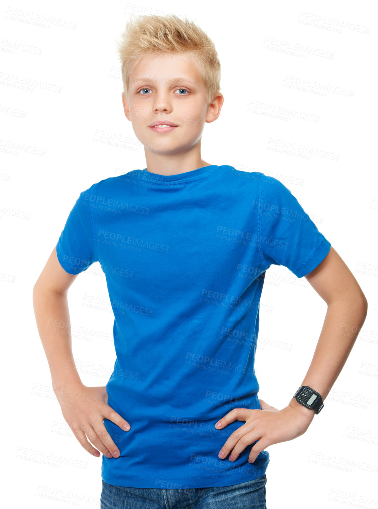 Buy stock photo Children, fashion and a boy in studio isolated on a white background standing with his hands on hips. Kids, style and arms akimbo with a young male child in blue posing for casual lifestyle wear