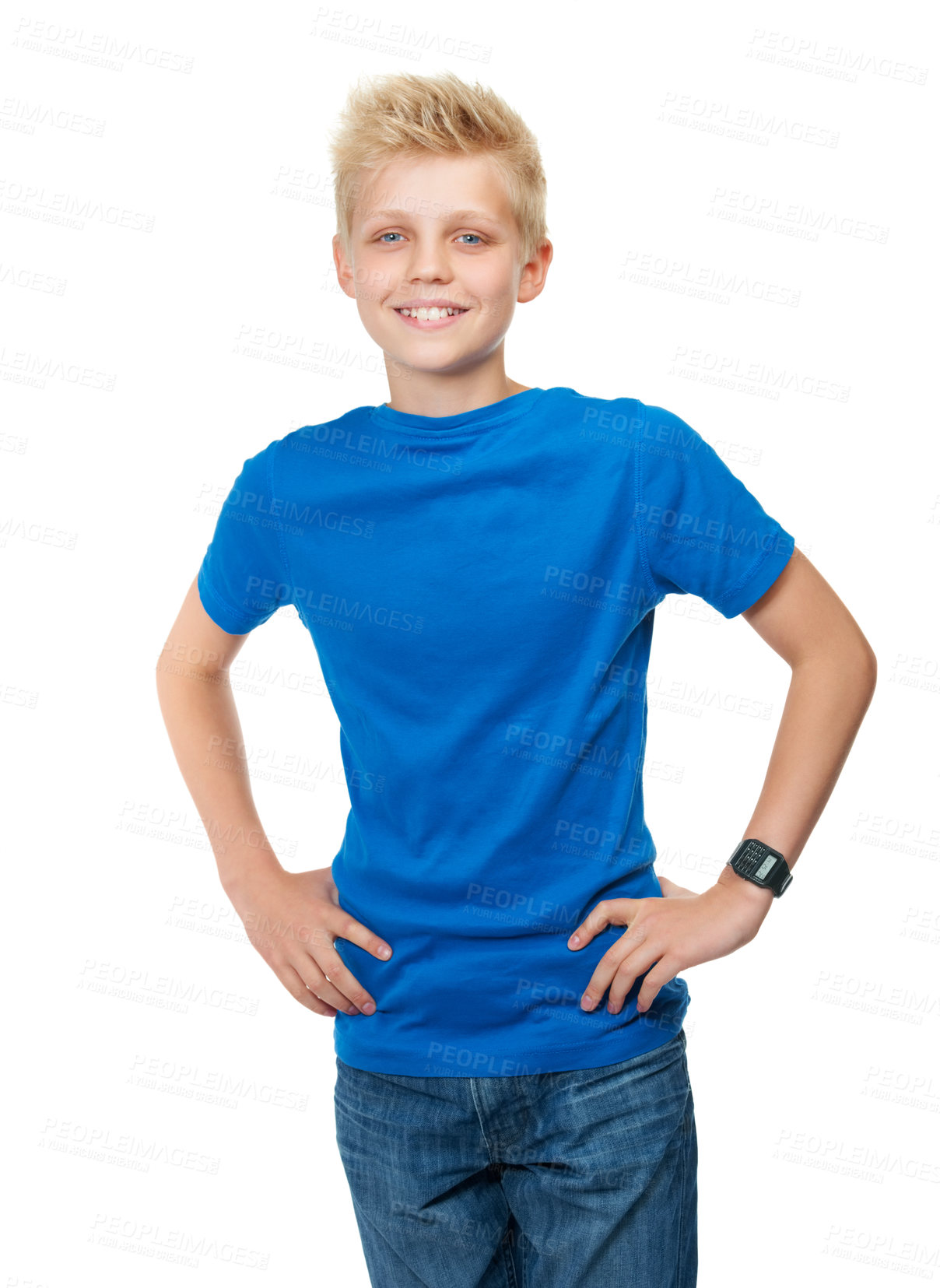 Buy stock photo Boy, child and portrait or happy in studio for fashion, casual style or confidence on white background. Person, kid or face of teenager and smile, pride or calm expression and trendy outfit or mockup