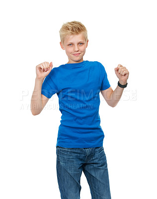 Buy stock photo Teenager, boy and portrait in studio with fist, confidence and casual style for celebration on white background. Person, child and face with happiness, pride and cheering or trendy outfit on mock up
