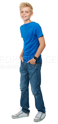 Buy stock photo Boy teenager, fashion and studio portrait with smile, confidence and happy by white background. Young male model, kid and trendy clothes with happiness, blue jeans and youth culture by backdrop