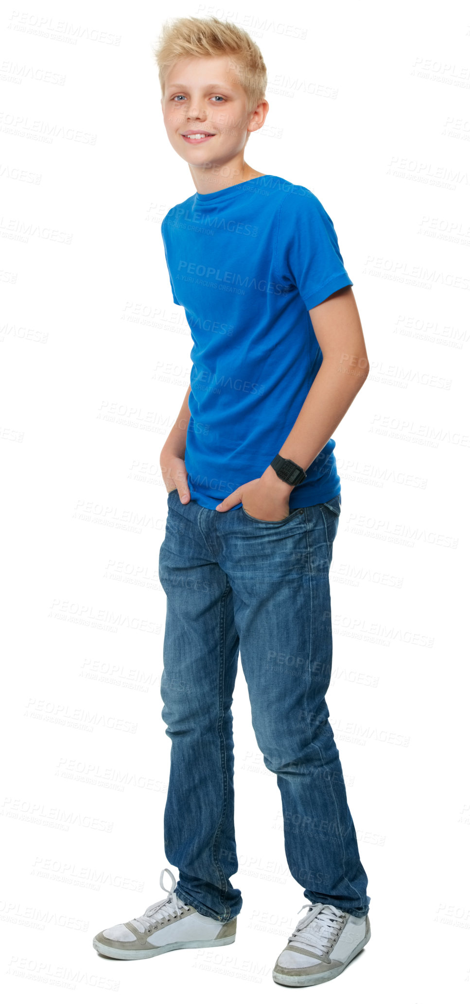 Buy stock photo Boy teenager, fashion and studio portrait with smile, confidence and happy by white background. Young male model, kid and trendy clothes with happiness, blue jeans and youth culture by backdrop