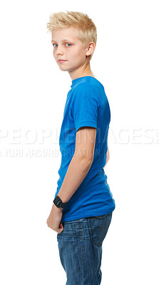 Buy stock photo Cropped studio portrait of a blond teenage boy against a white background