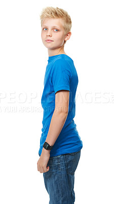 Buy stock photo Teenager, boy and calm with thinking in studio for idea, body language and confidence on white background. Person, child or kid and thoughtful, casual style and trendy outfit with fashion on mockup