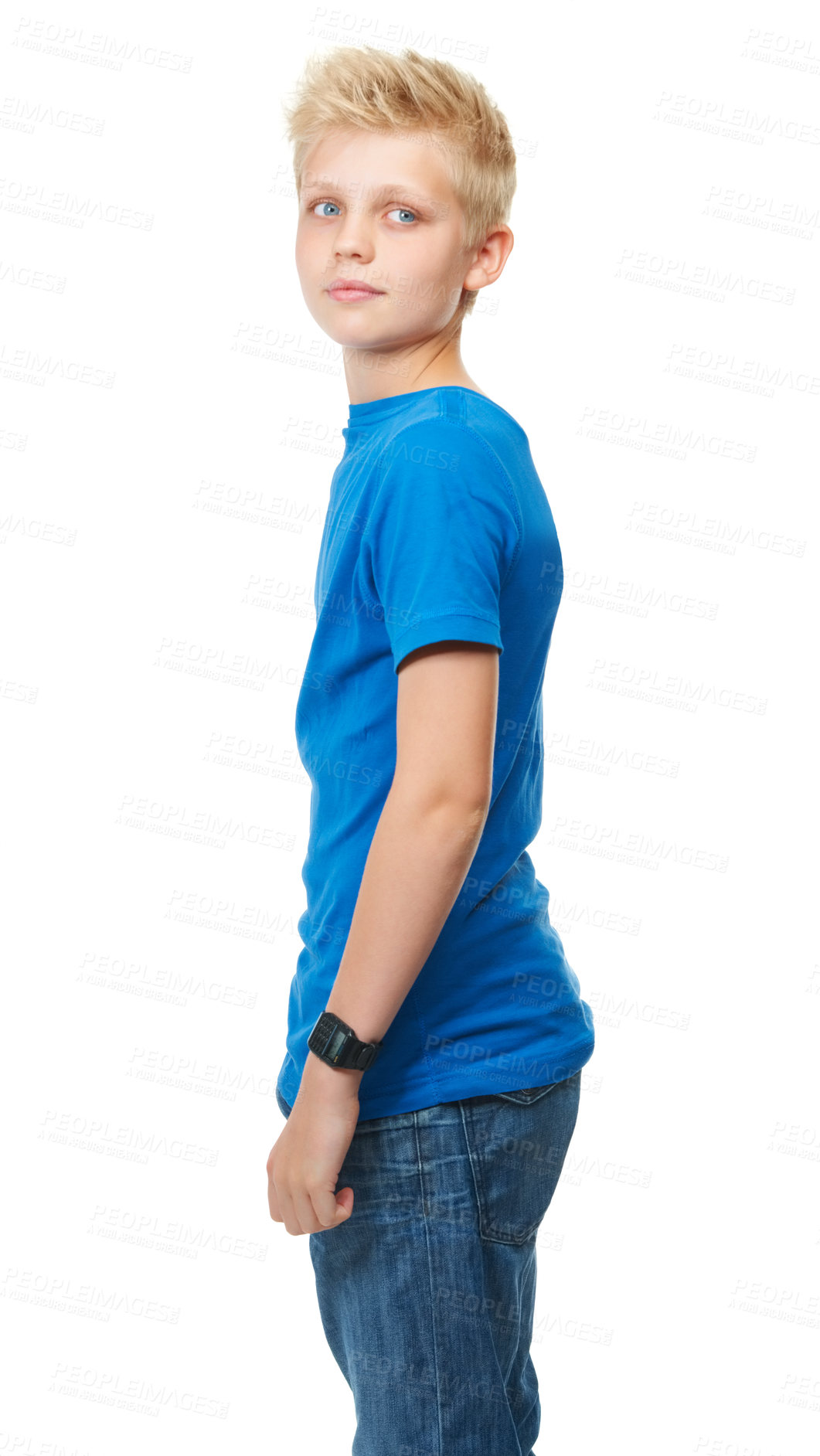 Buy stock photo Teenager, boy and calm with thinking in studio for idea, body language and confidence on white background. Person, child or kid and thoughtful, casual style and trendy outfit with fashion on mockup