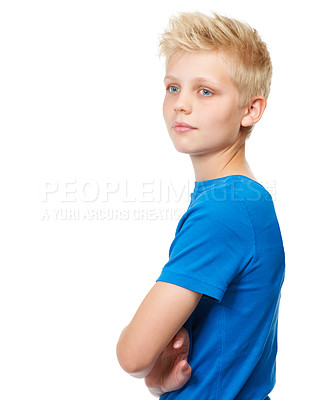 Buy stock photo Thinking, boy and child with decision, ideas and brainstorming isolated on a transparent background. Mockup space, kid and model with happiness, planning and solution with choice, profile and emoji