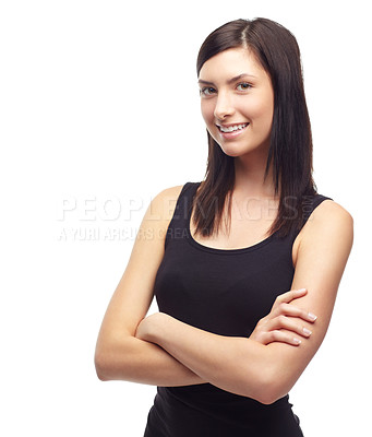 Buy stock photo A beautiful young woman crossing her arms while isolated on a white background