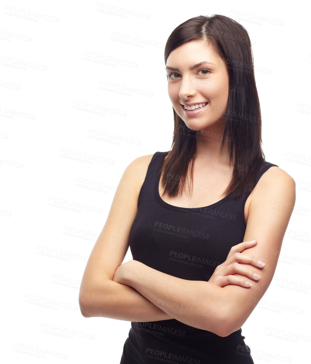 Buy stock photo A beautiful young woman crossing her arms while isolated on a white background