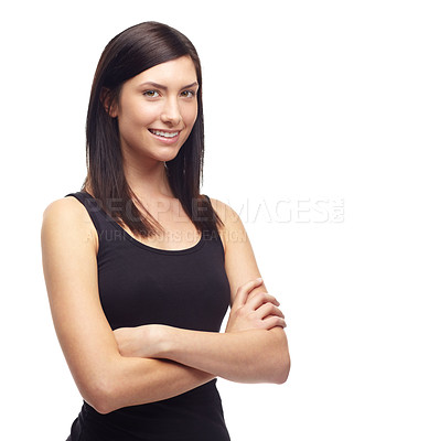 Buy stock photo Woman, happy or portrait with arms crossed, confident or trendy style in studio mockup. Young model, face and positive attitude with smile, relax wellness and company in about us by white background