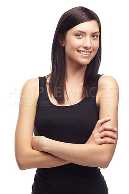 Buy stock photo Woman, happy or portrait with arms crossed, positive or pride mindset for studio mockup. Young model, face and calm attitude with smile, relax wellness and company in about us by white background
