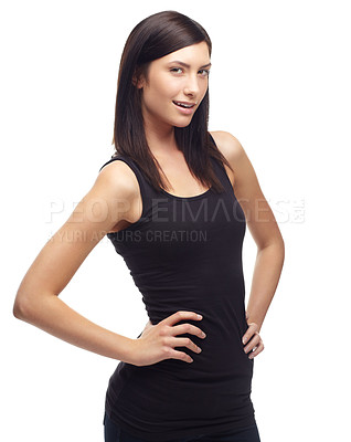 Buy stock photo Young woman, portrait and fashion for health or wellness against a white studio background. Face and body of attractive female person or model smile with hands on hips in casual clothing on mockup