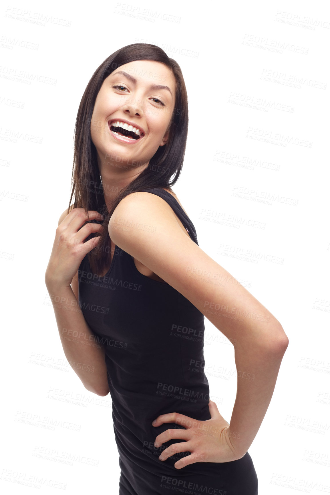 Buy stock photo Happy woman, portrait and laughing in humor for meme or funny joke isolated against a white studio background. Face of young attractive female person or model smile and laugh in joy for comedy