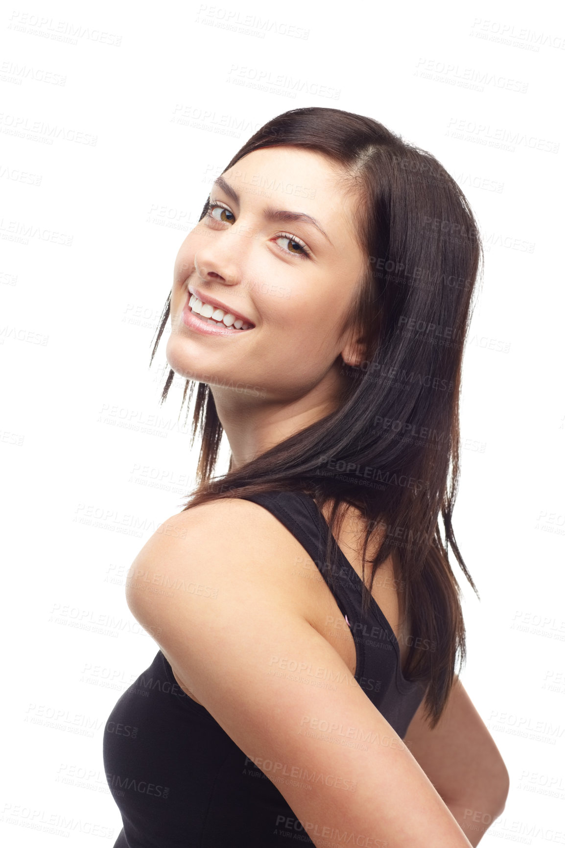 Buy stock photo Happy young woman, portrait and smile in fashion, style or clothing isolated against a white studio background. Face of attractive female person or model posing in confidence, joy or natural beauty