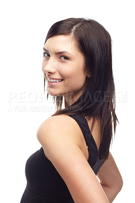 Buy stock photo Happy young woman, face and portrait in fashion, style or clothing isolated against a white studio background. Attractive female person or model smile and posing in confidence, joy or natural beauty