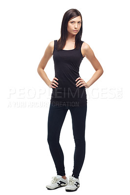Buy stock photo Young woman, portrait and full body in sports fashion, running or fitness against a white studio background. Female person, athlete or runner with hands on hips in sportswear or clothing for exercise