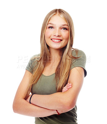 Buy stock photo Woman portrait, happy and beauty of teenager with a smile, arms crossed and positive mindset on white background. Face of young female model with makeup, cosmetics and long hair with a glow and shine