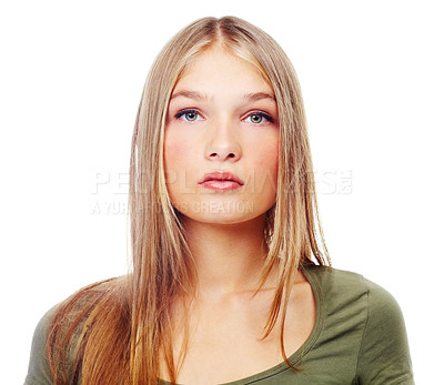 Buy stock photo Beautiful, portrait and teenage model in studio with green eyes doing serious, confident and natural pose. Beauty, headshot and face of a young girl model posing while isolated by white background.