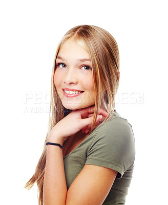 Buy stock photo Beauty, portrait and young teenager in studio smiling and happy isolated against a white background. Face, happiness and confident blond female model or girl with skincare makeup on her skin