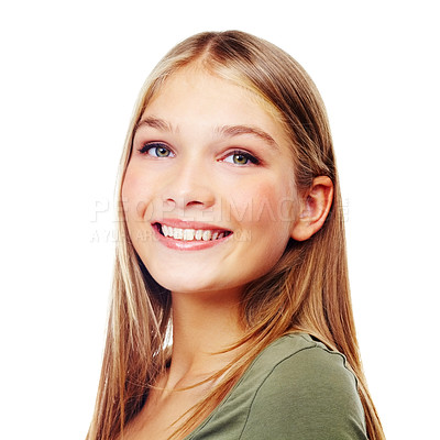 Buy stock photo Portrait, face and beauty with a female teen in studio on a white background to promote cosmetics. Makeup, model and smile with a happy young teenager inside for cosmetic product advertising