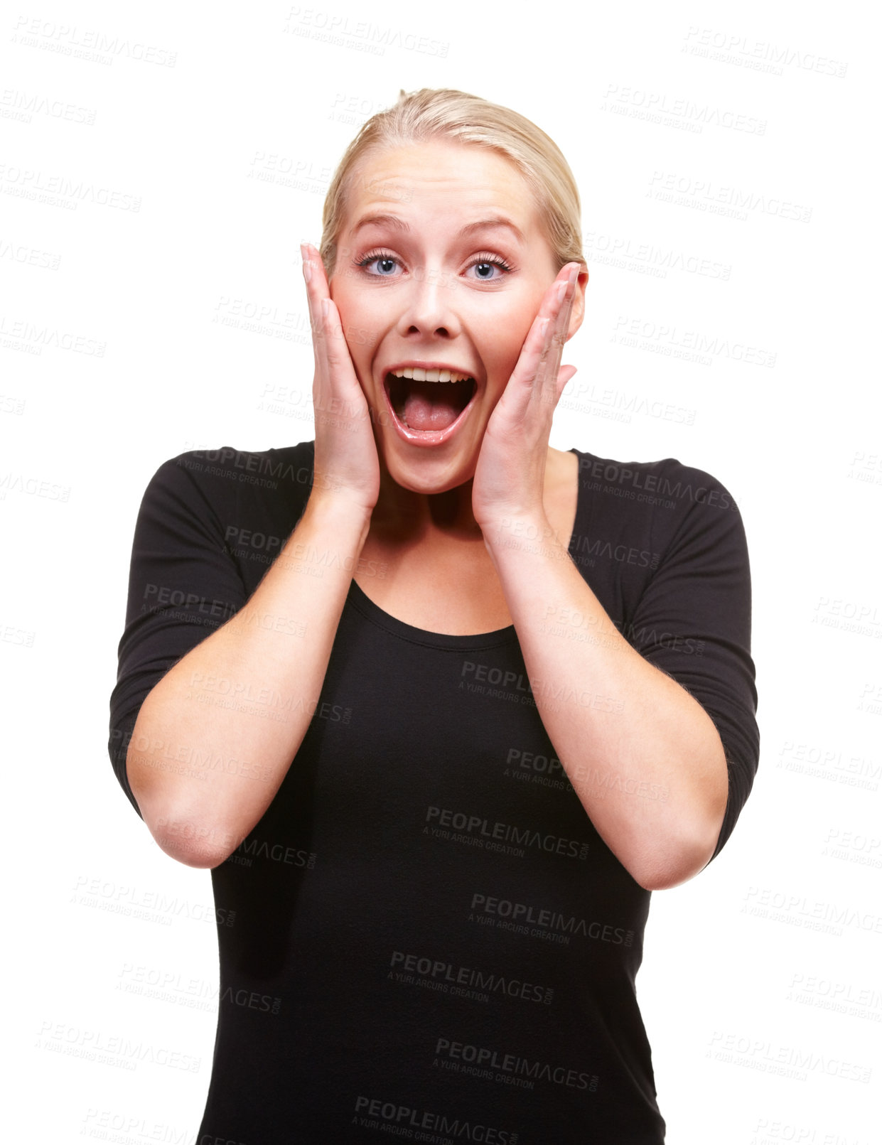 Buy stock photo Wow, news and hands on face of woman in studio excited for deal, announcement or information on white background. Omg, surprise or portrait of lady model with emoji shock gesture for feedback results