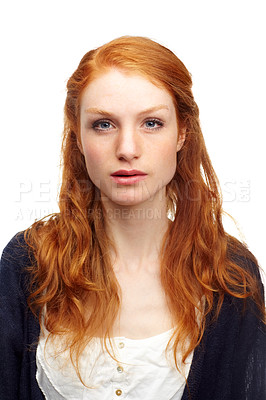 Buy stock photo Portrait, girl and woman with confidence, redhead and beauty isolated on a white studio background. Face, person and model with mockup space, casual and hair with peace, Scotland ginger