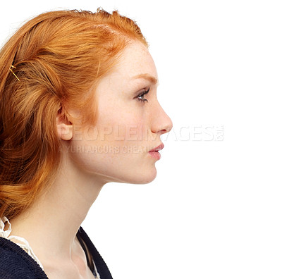 Buy stock photo Woman, face profile and ginger hair with thinking and natural beauty in a studio. White background, young person and female model with cosmetics and confidence with makeup and skin glow and mockup