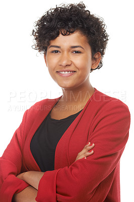 Buy stock photo Happy woman, arms crossed and smile in portrait, studio and confidence for fashion, proud and beauty. Mexican female person, face and startup or entrepreneur, curly hair and joy by white background