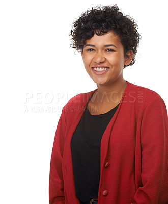 Buy stock photo Happy woman, confidence and smile in portrait, studio and freedom for fashion, proud and beauty. Mexican female person, face and positive mindset in mockup, curly hair and joy by white background