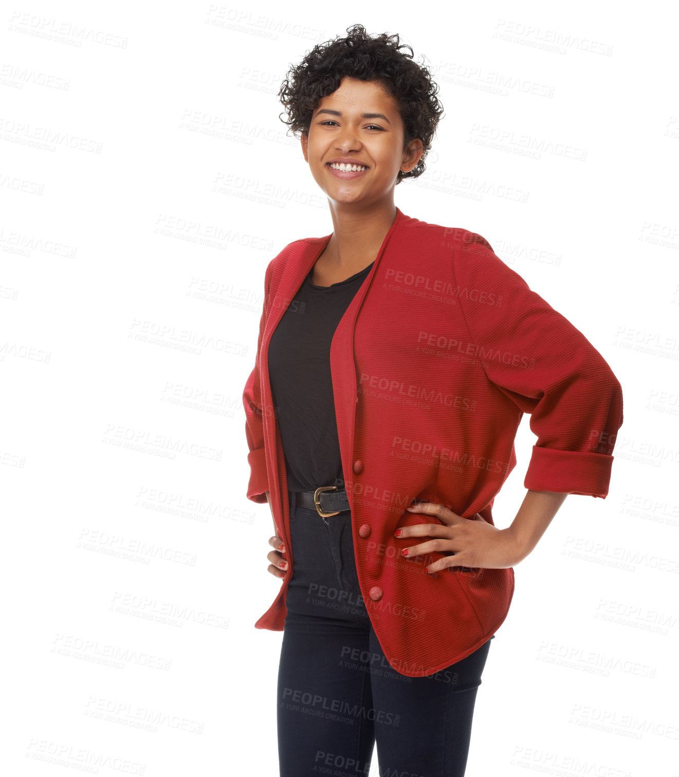 Buy stock photo Woman, smile and confidence in portrait, studio and cool fashion or clothing by white background. Mexican female person, trendy and stylish or positive mindset, happy and hands on hips in mockup