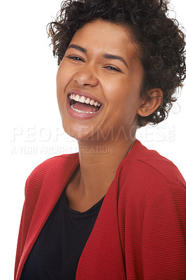 Buy stock photo Woman, laughing and humor in portrait, studio and funny joke or comedy, fun and white background. Female person, silly and happy or goofy, comic and positive mindset or excited, smile and mockup