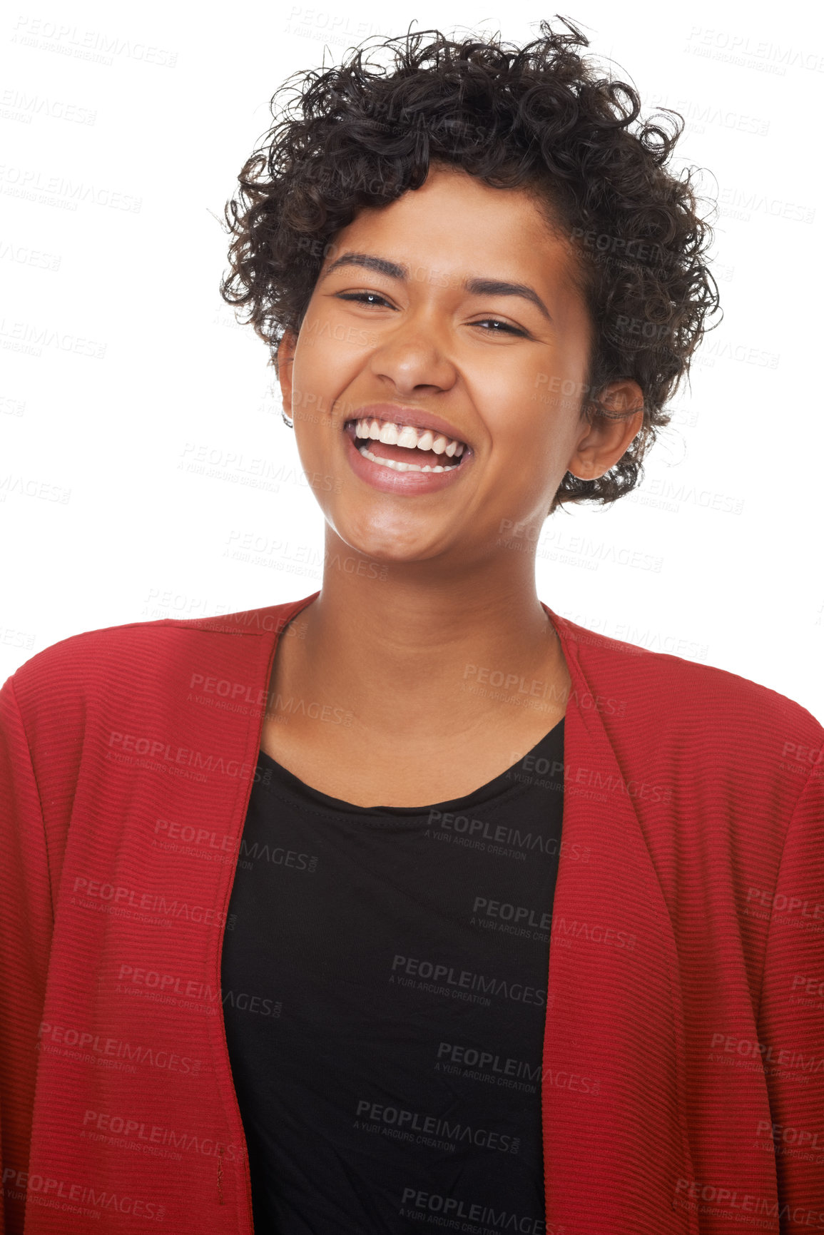Buy stock photo Woman, laughing and happy in portrait, studio and funny joke or comedy, fun and white background. Female person, silly and humor or goofy, comic and positive mindset or excited, freedom and mockup